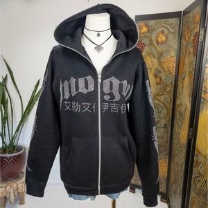 Y2K Rhinestone Zip Hoodie Black Graphic XS Streetwear Cyber